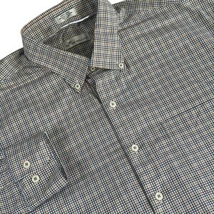Peter Millar Button Down Shirt Mens XL Cotton Blend Blue Brown Gold Plaid Check